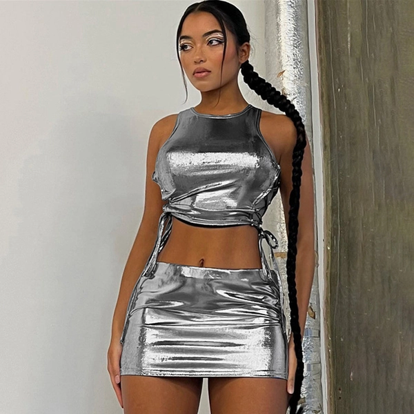 Shiny Lace-up Crop Top & Mini Skirt Set