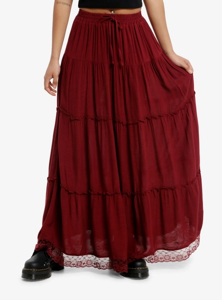 Thorn & Fable Burgundy Tiered Maxi Skirt
