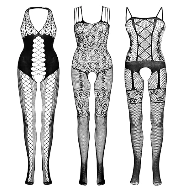 Fengek 3 Packs Women Fishnet Bodysuits, Stockings Sleepwear Lingerie for Couple Dating Nightwear, Black