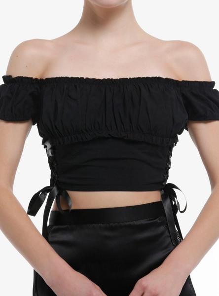Cosmic Aura Black Lace-Up Off-Shoulder Girls Crop Top - M