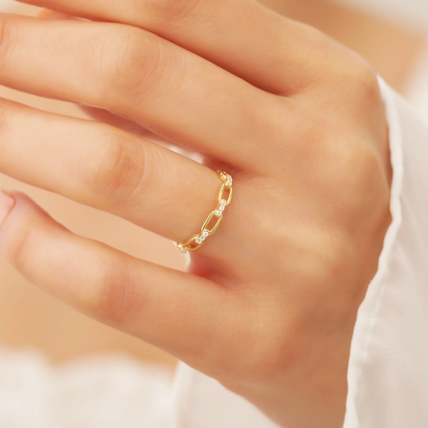 14k Cuban Link Ring with Diamonds, Cuban Chain Ring, Gold Open Link Ring, Diamond Wedding Chain Ring, Dainty Stackable Ring, Gift for Women