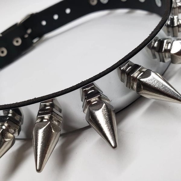 Goth Punk Heavy Metal Leather Choker with Stainless Steel plate and BIG Faceted German spikes