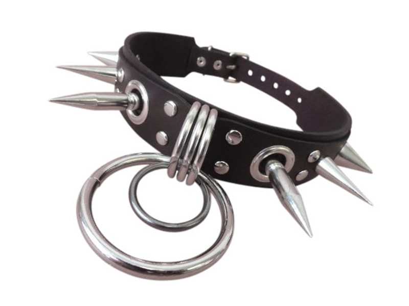 Goth Punk Leather Choker with hoops and spikes