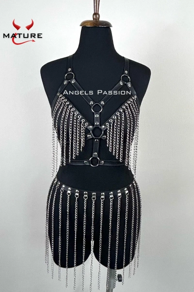 Harness Skirt with Chains Leather Mini Skirt, Leather Skirt with Chains, Leather Belt with Chains