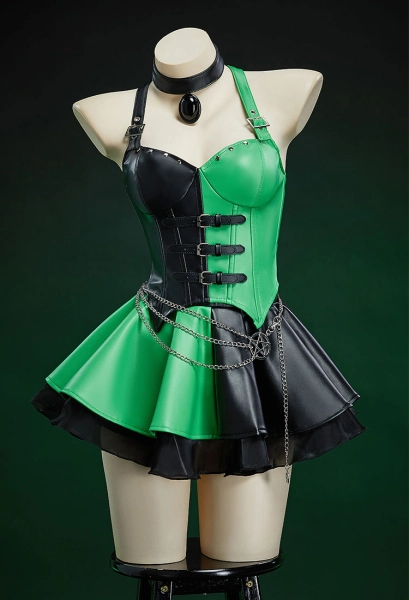 Kim Possible Shego Derivative Gothic Black &amp; Green Symmetrical Color Matching Corset Skirt Set Top and Skirt with Choker and Waist Chain