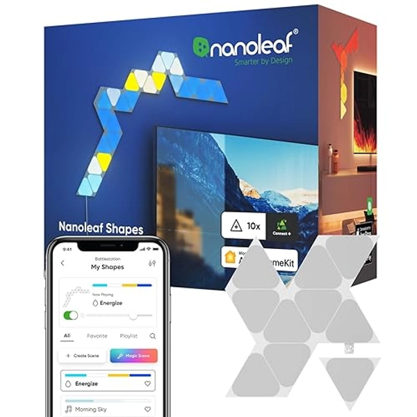 Nanoleaf Shapes WiFi and Thread Smart RGBW 16M+ Color LED Dimmable Gaming and Home Decor Wall Lights Expansion Pack (Mini Triangles (10 Pack))