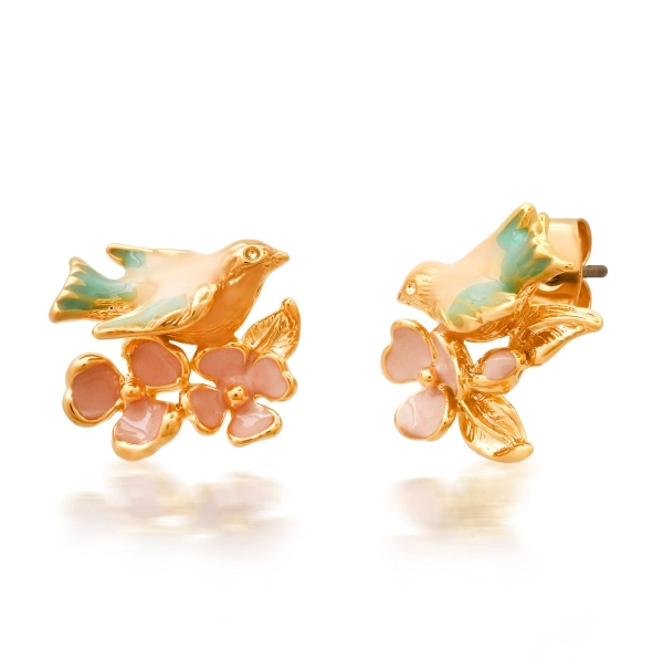 Whimsical Enamel Bird and Flower Studs - Pink