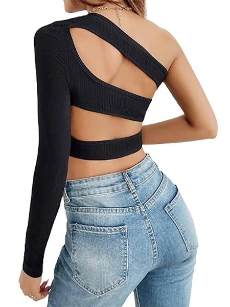 Verdusa Women's Cut Out Open Back One Shoulder Long Sleeve Crop Tee Top Shirt