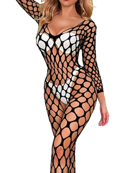 ChiaoLezhee Exotic Fishnet Bodystocking, Rave Glow Outfits, One Size, Sheer Mesh Dancewear Sexy Jumpsuit Plus Wear Dancer