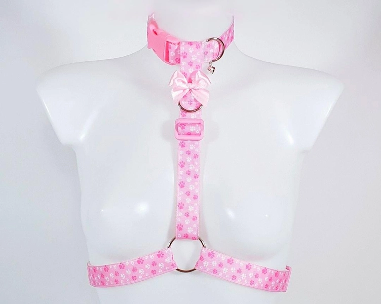 Pink Pawprint Collared Style Upper Body Chest Harness with Collar, Leash Optional - Pride Festival, Cyber Goth Rave Wear, Kawaii Petplay
