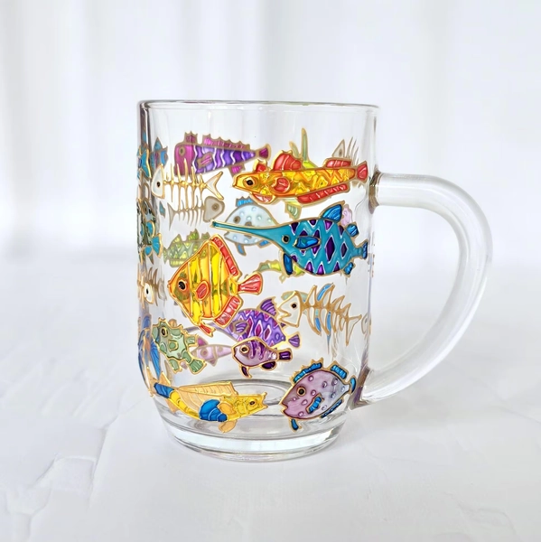 Hand Painted Beer Glass with Colorful Fish and Skeletons