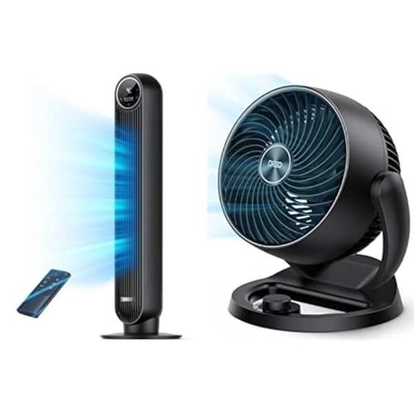 Bundle of Dreo Tower Fan for Bedroom, 25ft/s Velocity Quiet Floor Fan, 90° Oscillating Fans with 4 Speeds, 4 Modes + Dreo Fan for Bedroom, 12 Inches Table Air Circulator Fans for Indoor with 3 Speeds