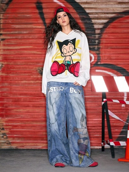 Astro Boy X ROMWE Rhinestone Embellished Extra Loose Low Waist Baggy Women`S Jeans