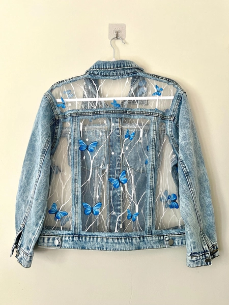 Custom Denim Oversize Jacket with white lace and Butterflies, Boho unique Fashion Modern jacket  for women, gift for her, gift for Mom