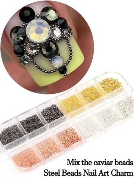 12 Grids Mini Small Stainless Steel Beads Nail Art Decorations Charm Gel Polish Gold Silver Caviar Ball Studs Nails Jewelry Accessories DIY Nail Charms Nail Gems Nail Supplies