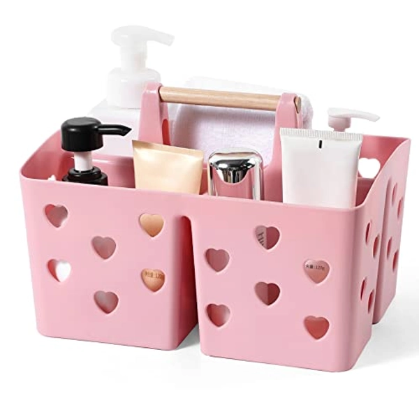 Anyoifax Portable Shower Caddy Plastic Basket with Wood Handle Divided Shower Tote Storage Organizer with Compartments for Bathroom, College Dorm, Kitchen, Bedroom - Pink