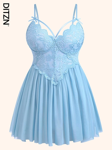 DITZN Plus Size Doll Shirt Women's One-Piece See-Through Erotic Sexy Lingerie Sheath Buckle Dress Open Gear Lace Pajamas Summer Breathable Nightgown (Free Thong)