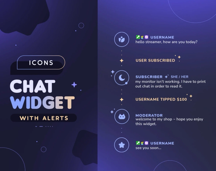 Icon Chat Widget with Alerts | Customizable Animated 7 Icons & Sparkles Custom Chat for Streamers | Twitch Youtube Facebook