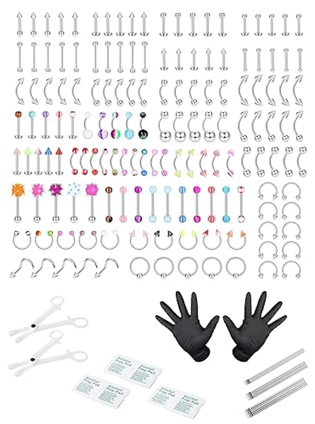 Drperfect 150pcs Professional Piercing Kit Stainless Steel 20G 14G 16G Lip Cartilage Tongue Eyebrow Body Belly Button Ring Piercing Jewelry Piercing Tools