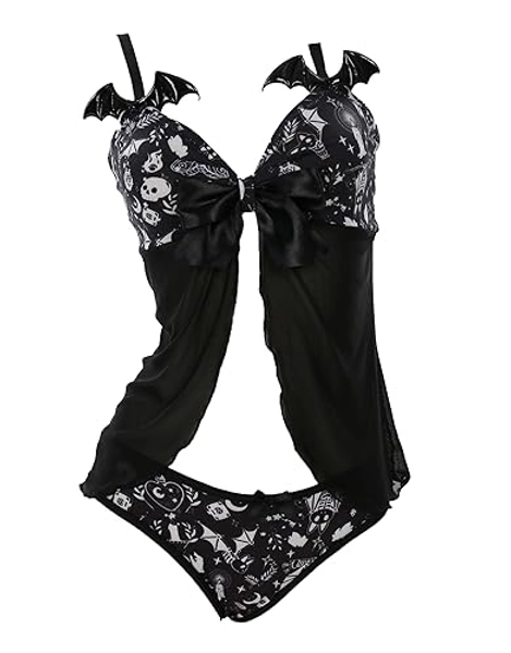 MEOWCOS Women's Nightwear Babydoll Sleepwear Lace V Neck Strap Chemise Halter Lingerie