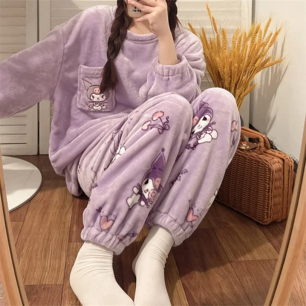 Autumn Winter Women's Sleepwear Cartoon Plush Sweet Cute Student Home Clothes Set Coral Fleece Flannel Comfortable Home Suit