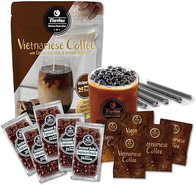 Flavfar Premium Instant Vietnamese Coffee Boba Kit with Chewy Tapioca Pearls | Ready in 25 Seconds | Ultimate Bubble Tea Experience with Boba Straws | Gift for Bubble Tea Lovers - 5 Servings
