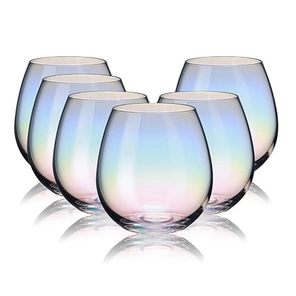 CUKBLESS Stemless Wine Glasses Set of 6, Iridescent Wine Glass for Red or White Wine, 15 oz, for Birthdays,weddings,Anniversaries