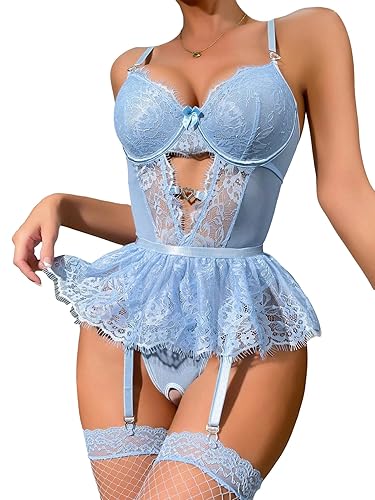 GORGLITTER Women's 4 Piece Lingerie Set Floral Lace Bodysuit Lingerie with Garter Belt and Stocking - Small - Blue