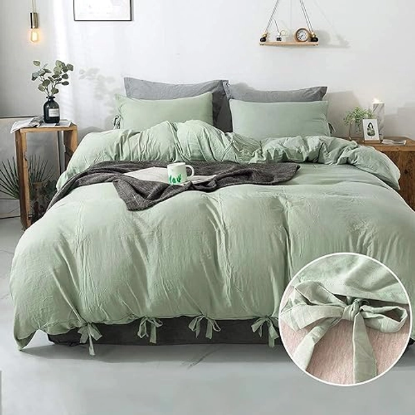 annadaif Duvet Cover Queen Size Sage Green, 3 Pieces Soft Washed Microfiber Duvet Cover Set, Comforter Cover with Bowknot Bow Tie (1 Duvet Cover 90x90 Inch, 2 Pillowcases) Easy Care Bedding Set