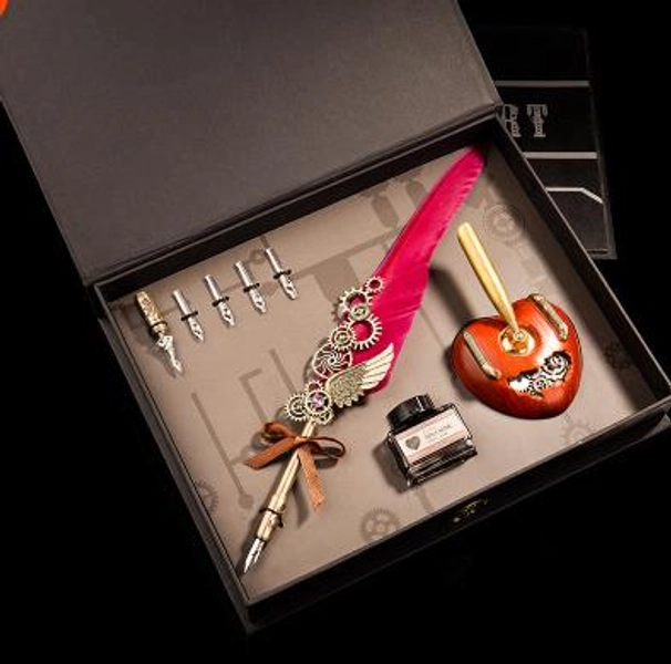 Angel's Wing Feather Pen Set Unique Gifts for Calligraphy Lover Dip Pen - Red