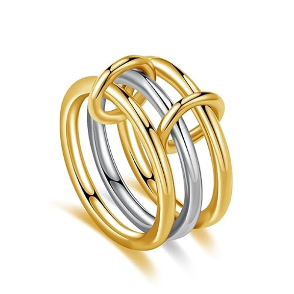 MQV Two Tone Link Connected Rings Interlocking Ring Gold Silver Statement Ring Maximalist Stacking Ring for women men lovers