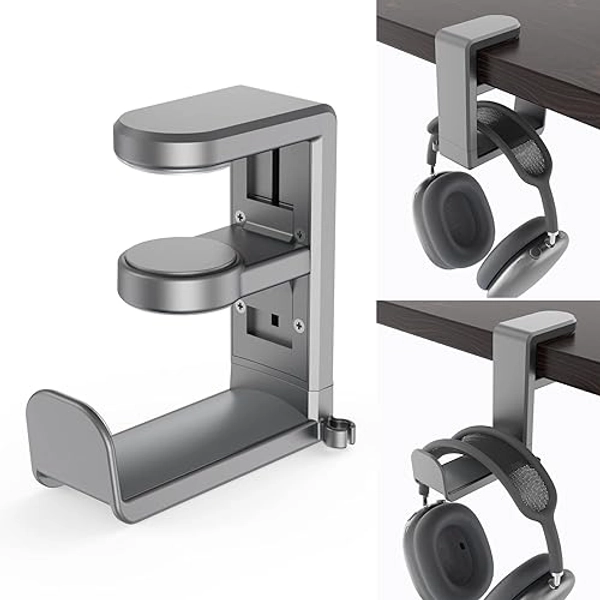 Rotating Headphone Stand - EURPMASK PC Gaming Headset Stand, Adjustable Clamp-on Headphone Holder, Headphone Hanger Hook Under Desk with 360 Degree Swivel&Cable Clip Organizer - Space Grey