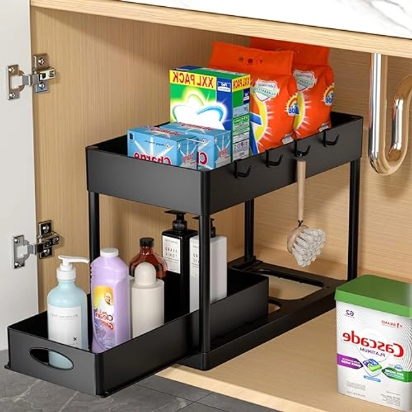 PUILUO Under Sliding Cabinet Basket Organizer, 2 Tier Under Sink Organizers Black Under Sink Storage for Bathroom Kitchen - Black