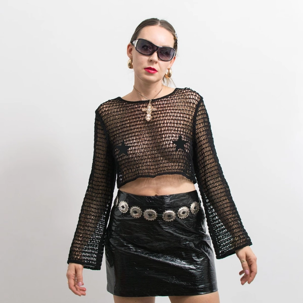 Black crochet crop top vintage mesh sheer blouse long sleeve women size M