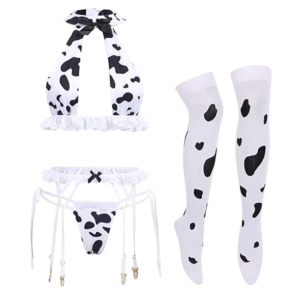 IMEKIS Women's Sexy Anime Cow Maid Costume Teddy Lingerie Set Lolita Japanese Cosplay Mini Bikini Bra Underwear Kawaii Outfit