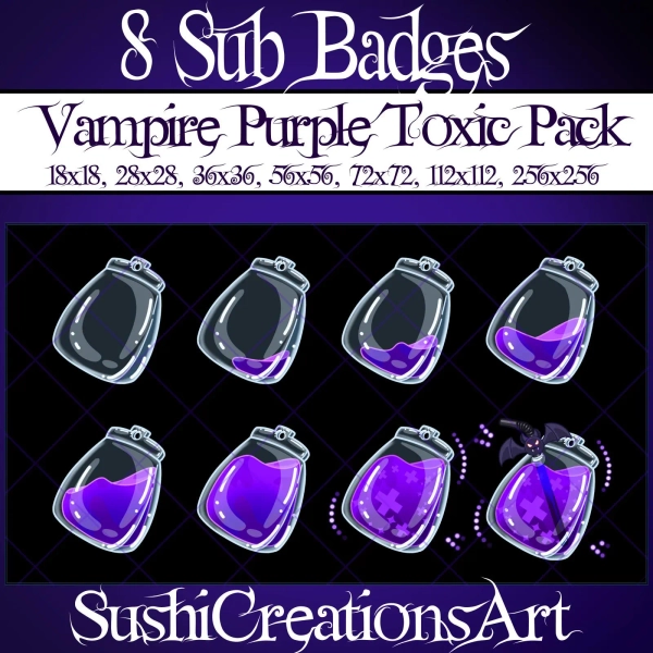 8 Purple Vampire Blood Potion Twitch Sub Badges, Gothic Blood Pack Bit Halloween Twitch Overlay, Bat Liquid Bottle Stream Vtuber OBS Youtube