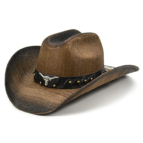 FLUFFY SENSE. Cowboy Hat for Women and Men - Straw Cattleman Crease Western Hats with Upgrade 4 inches Shapeable Wide Brim - 6 7/8-7 5/8 - Dark Brown