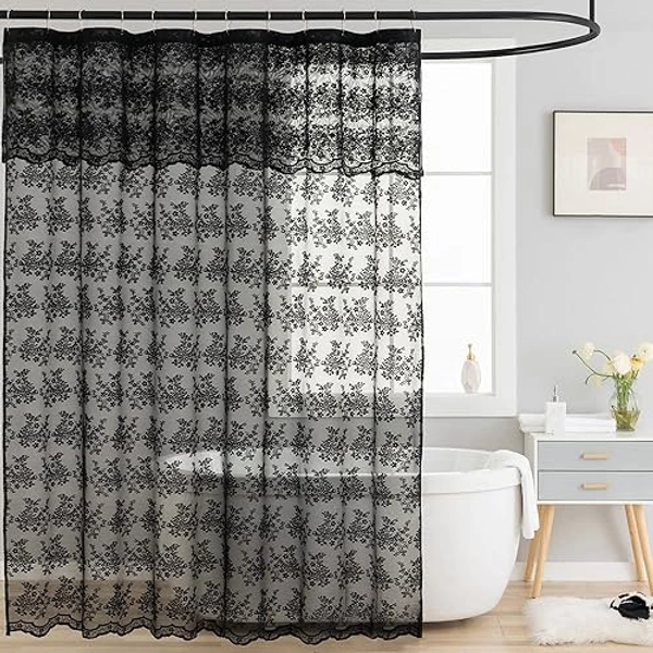 TUDECO Black Lace Shower Curtain with Attach Valance, Dark Gothic Shower Curtain Vintage Floral Sheer Halloween Shower Curtain for Bathroom Victorian Moody Witchy Goth Decor 72 x 72 Inch