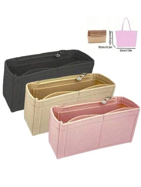 Soft Felt Handbag Organizer Insert With Zipper,Multifunctional Portable Divider Pouch For Spacious Cosmetic Storage, Lightweight Travel And Casual Style Bag Accessories