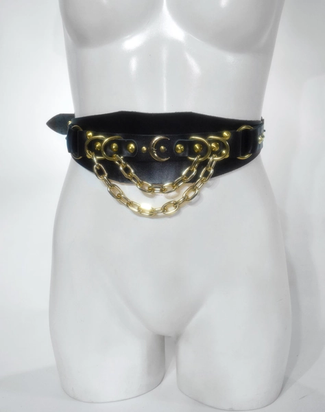 MOONFACE BELT: Leather corset harness with metal chains and golden moon face detail