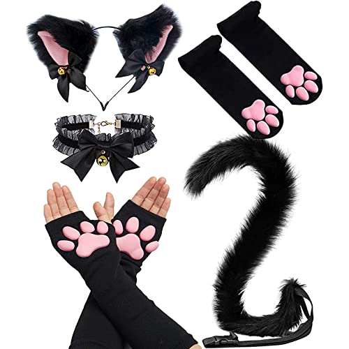 Cat Paw Gloves Mittens with Cat Ears Mask Cute Cat Paw Toe Beans Socks Stockings Set for Women Girls Halloween Cat Cosplay - 026