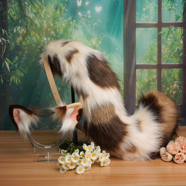 Kemonomimi Plush Cat Ear and Tail Set - Faux Fur Costume Kit,Cosplay Parties-cat ear,cat tail,Brown White Tabby Animal Accessories