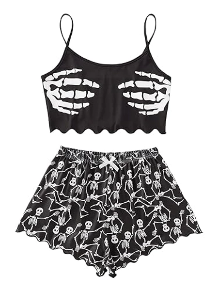 WDIRARA Women's Sleepwear Cute Print Lettuce Trim Cami and Shorts Pajama Set