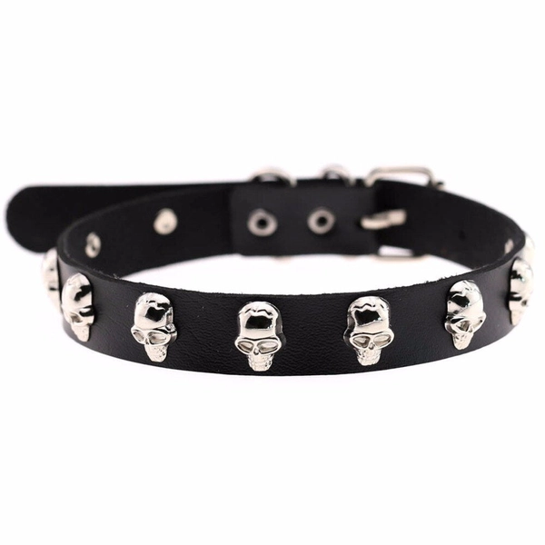 Goth 'Built for This' Black PU Leather Skull Stud Choker