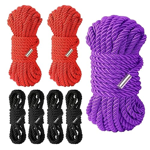 BAVIHOR Silk Rope, Skin Friendly Durable Soft Rope, Multipurpose Long Rope Nylon Satin Braided Twisted Rope, 8mm Thick (Length：4x8ft Black+2x16ft red+32ft Purple)
