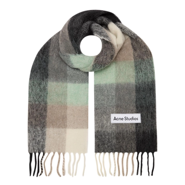 ACNE STUDIOS The Sustainable Edit Valley Check Print Fringed Scarf - GreenGreyBlack