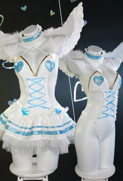 Stocking Derivative Sexy Lingerie Set V-neck Mesh Bodysuit and Skirt with Wings Sleeves Cosplay Costume