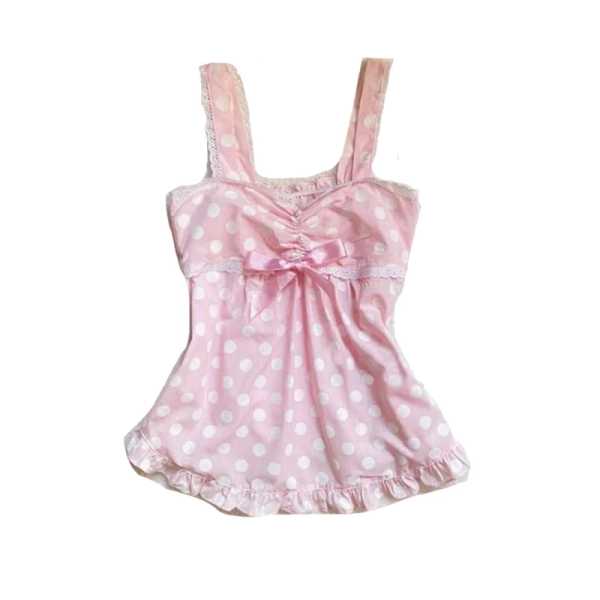 Women Sweet and cute fairy tale style Y2K casual slim crop top polka dot kawaii bow lace allmatch Streetwear Gothic cartoon top - AliExpress 