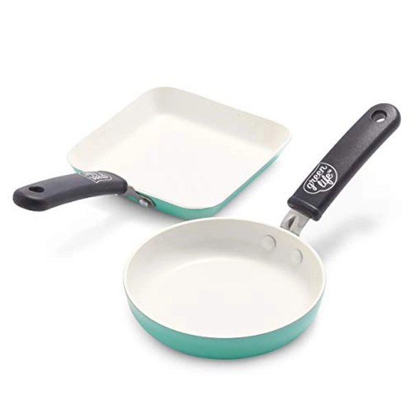 GreenLife Mini Healthy Ceramic Nonstick, Round Egg Pan and Square Grill Pan Set, PFAS-Free, Dishwasher Safe, Stay Cool Handle, Turquoise