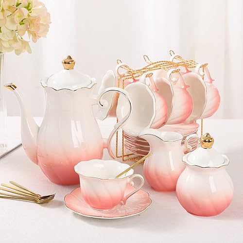 DUJUST 22 pcs Porcelain Tea Set for 6, Luxury British Style Tea/Coffee Cup Set with Golden Trim, Beautiful Tea Set for Women, Tea Party Set, Gift Package (With a Stand) - Gradient Pink - Special Gradient Pink